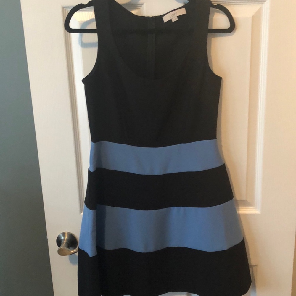 Loft fit and flare blue and black dress